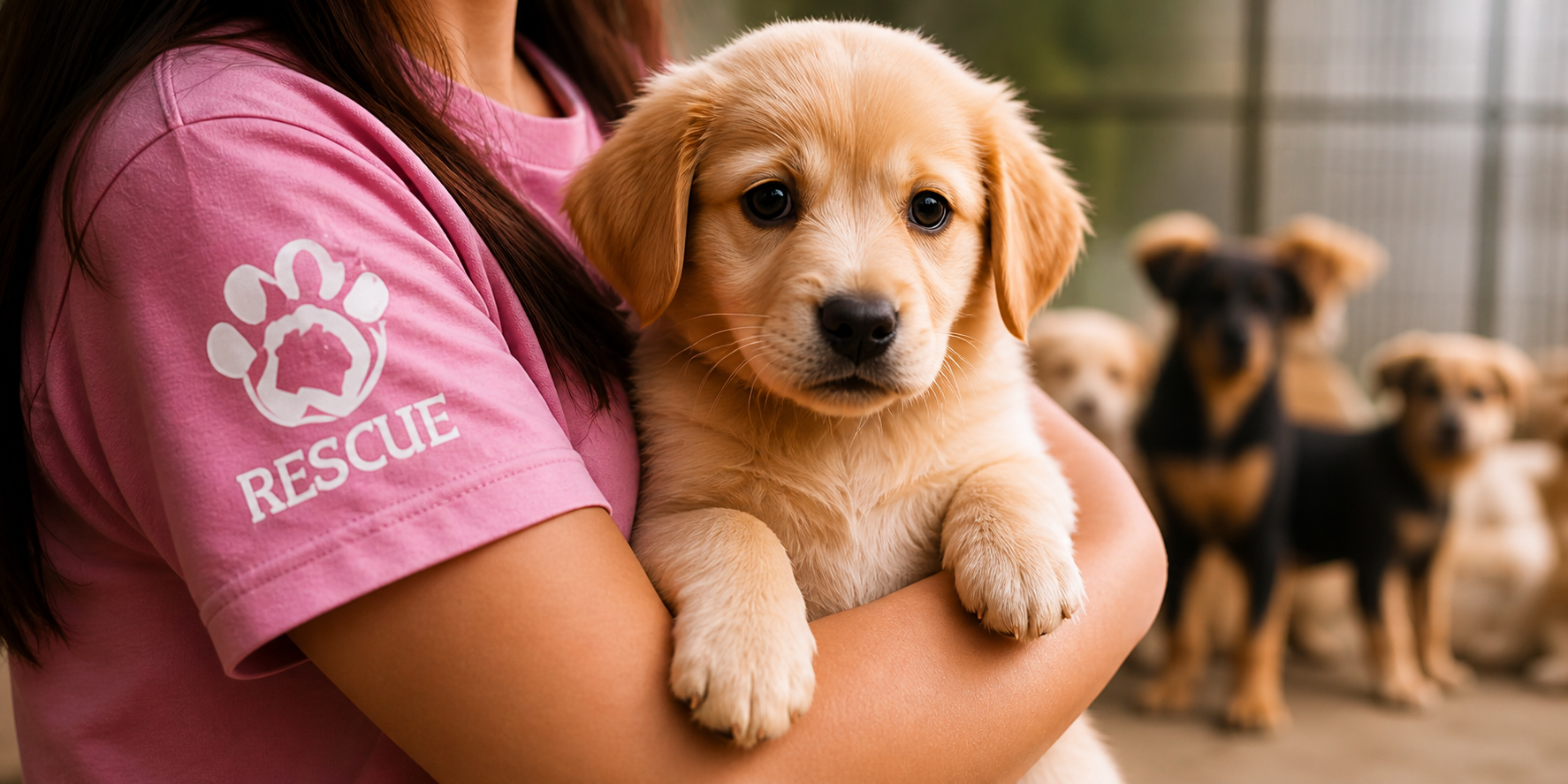 Rescue volunteer holding a puppy